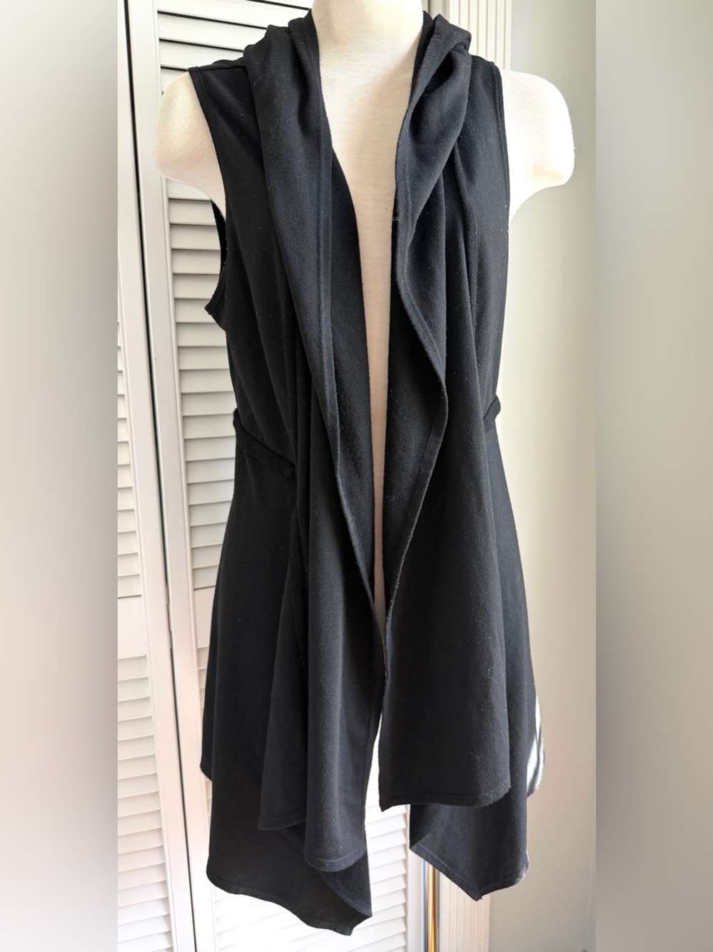 XS🖤 Max Studio [Weekend] Black Open Drape Hoodie Tunic Vest Sleeveless Cardigan